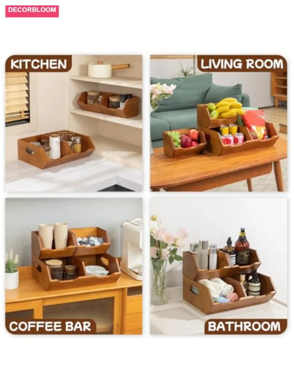 Wooden Stackable Pantry Storage Bins Set of 3 Kitchen Produce Organizer